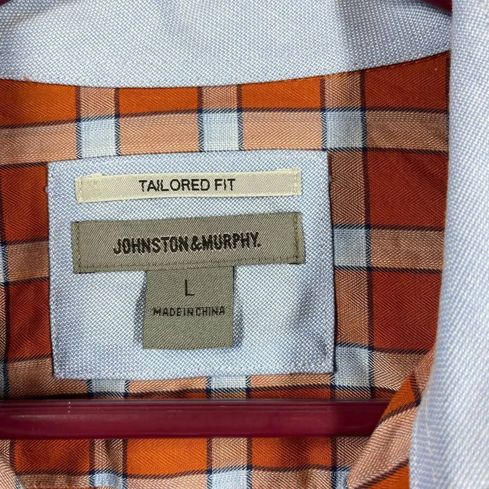 Johnston & Murphy Orange Long Sleeve Cotton Tailored Fit Check Shirt‎ Mens Large